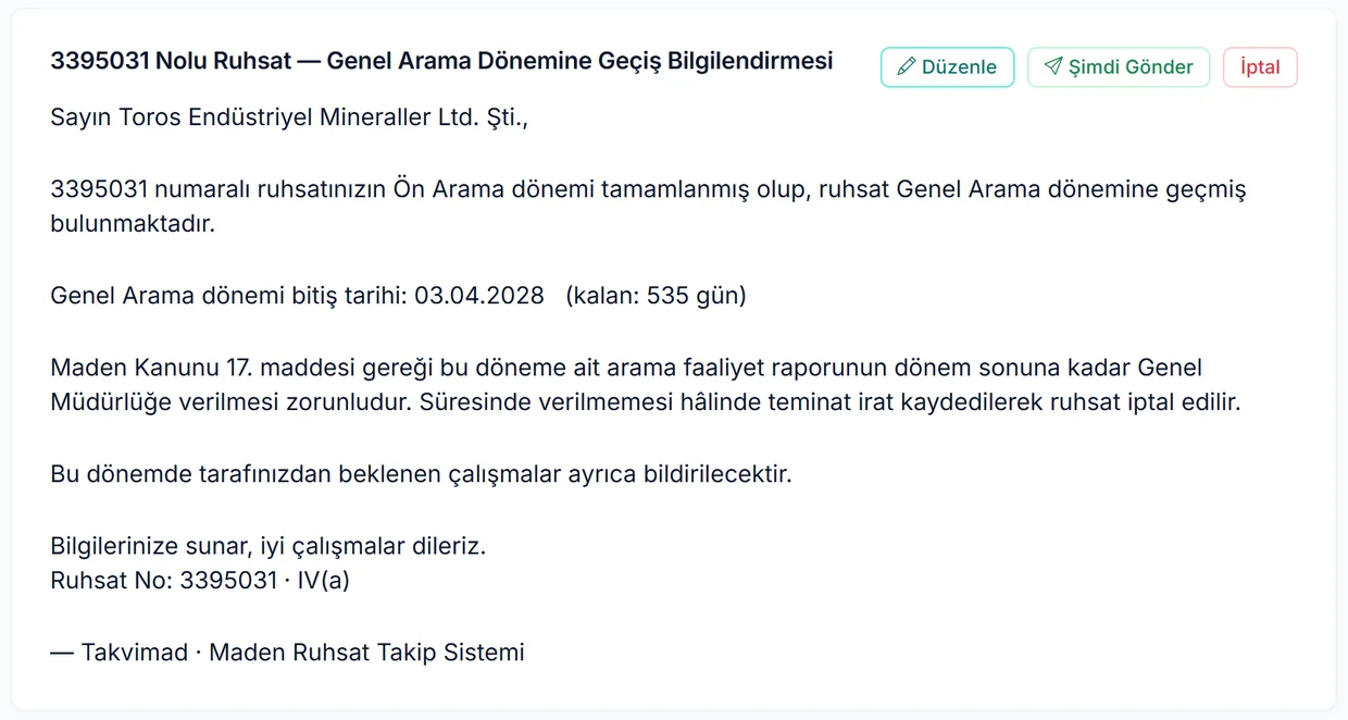 Programın hazırladığı dönem geçiş bilgilendirmesi maili: konu, metin ve Düzenle, Şimdi Gönder, İptal düğmeleri